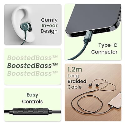 Ambrane Type C Wired in Ear Earphones with in-Line Mic for Clear Calling,1.2M Cable,10Mm Dynamic Drivers for Boostedbass,Control Buttons for iPhone 15,Samsung&Type C Devices Stringz 38C