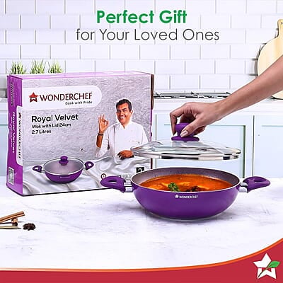 Wonderchef Royal Velvet Non-stick 24cm Kadhai with Lid and Handles 3 mm thick Wonderchef Royal Velvet Non-stick 24cm Kadhai with Lid and Handles 3 mm thick