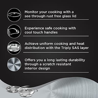 Preethi Metallica Collection Triply Stainless Steel set, 26 cm Kadai with Glass Lid, 26 cm Fry Pan, Gas & Induction Compatible