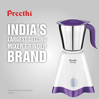 Preethi Crown Pro MG-254 Mixer grinder, 600 watt, White/Purple, 3 Jars with 5yr Motor Warranty & Lifelong Free Service