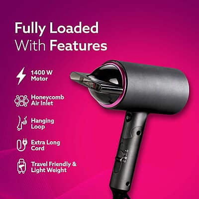AGARO HD-1214 Premium Hair Dryer with 1400 Watts Motor, 3 Temperature Settings & Cool Shot