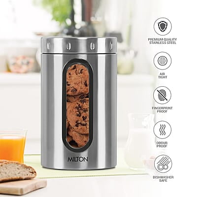 MILTON Steel Crispy 1500 Storage Jar, 1.45 Litres, Silver Light Weight Odour Proof Dishwasher Safe