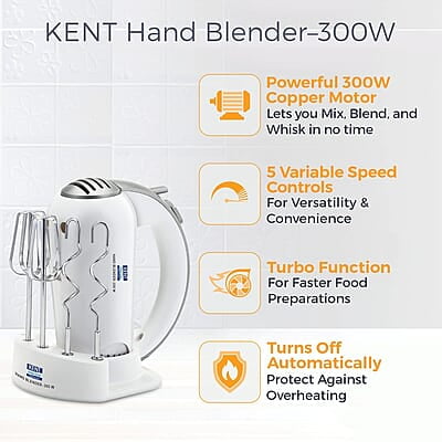 KENT 16051 Hand Blender 300 W | 5 Variable Speed Control | Multiple Beaters & Dough Hooks | Turbo Function, Plastic, 300 Watts