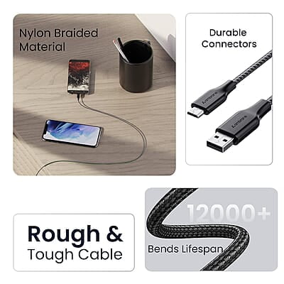 Ambrane Unbreakable 60W / 3A Fast Charging 1.5m Braided Micro USB Cable for Smartphones, Tablets, Laptops & other Micro USB devices, 480Mbps Data Sync, Quick Charge 3.0 (RCM15