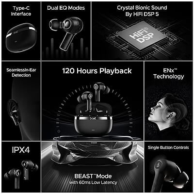 boAt Nirvana Ion TWS Earbuds with 120 HRS Playback(24hrs/Charge), Crystal Bionic Sound with Dual EQ Modes, Quad Mics ENx™ Technology, Low Latency(60ms), in Ear Detection