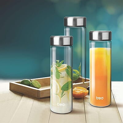 Treo by Milton Borosilicate Crysta Glass Bottle, 1000 ml, Glaze Steel