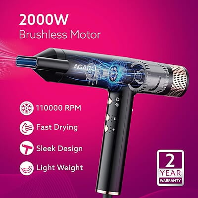AGARO Bldc Professional Hair Dryer 2000 Watts,110000 Rpm,Fast Drying,3 Speed 3 Temperature Settings