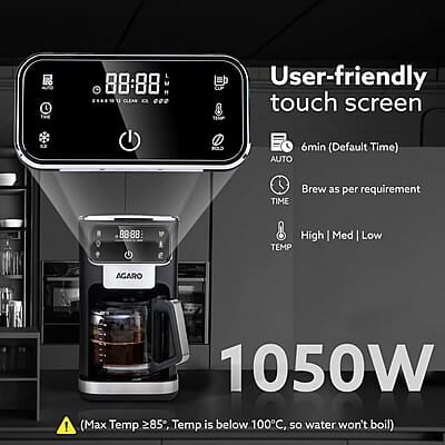 AGARO Primo Drip Coffee Maker, Brew & Drip Coffee Maker, Up to 12 Cups of Coffee, Fast Heating, Adjustable Temperature & Timer