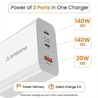 Ambrane 150W GaN Multi-Port Fast Charger Type C USB Compatible with All iPhones, Android Smartphones & Laptops