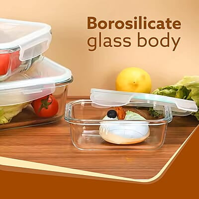AGARO Borosilicate Glass Containers with Lids, 3 pcs Set (370ml, 640ml &1040ml), Microwave Safe
