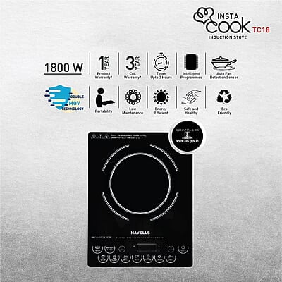 Havells Induction Cooktop Tc 18 1800 Watt (Crystal Glass, Black) Havells Induction Cooktop Tc 18 1800 Watt (Crystal Glass, Black)