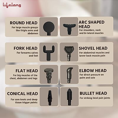 Lifelong Gun Massager for Pain Relief with 8 Massage Heads & LCD Touch Display - Battery Powered - Deep Tissue Massage with 6 Speed