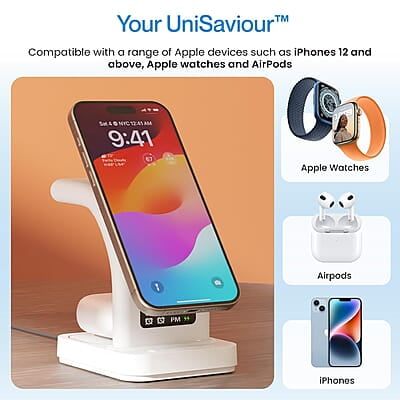 Ambrane 22.5W Magnetic MagSafe 3in1 Wireless Charger for iPhone 15/15 Plus/15 Pro/15 Pro Max, iPhone 14/14 Plus/14 Pro/Max, iPhone 13, 13 Pro/Max, Airpods 3rd/2nd gen Aerosync Trio