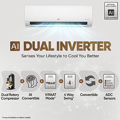 LG 1 Ton 4 Star DUAL Inverter Split AC (Copper, AI Convertible 6-in-1 with VIRAAT Mode, Faster Cooling & Energy Saving, 4 Way Swing, HD Filter with AntiVirus Protection
