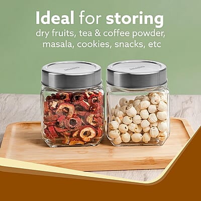 AGARO Elegant Cube Jar 580 ml, Square Shaped, Transparent Lid  Pack of 2.