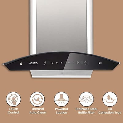 AGARO Elite Kitchen Chimney 60 cm 1200 m3/hr Auto-Clean curved glass Kitchen Hood