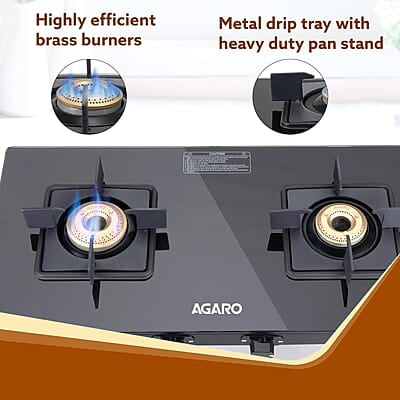 AGARO Regency 2 Burners Gas Stove, Toughened Glass Top, Brass Burners, 1 Small & 1 Medium Size Burner