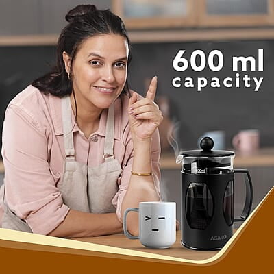 AGARO Elite French Press Coffee And Tea Maker, Borosilicate Glass Body With Sleeves, Glass Carafe, BPA Free Plastic Lid Strainer, 600Ml