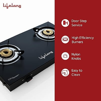 Lifelong 2 Burner Gas Stove Top for Kitchen - Manual Ignition Cooktop Modern Glass Stove for Modular Kitchen, ISI Certified