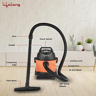 Lifelong 800 W Vacuum Cleaner for Home – 6 L Tank Capacity, Wet & Dry Floor Cleaner Brush - 1.8m Hose Pipe