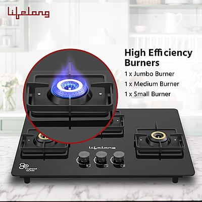 Lifelong 3 Gas Burner Top - 3 Burners Hob Top Gas Stove with Automatic Ignition - Toughened Glass top Gas Stove