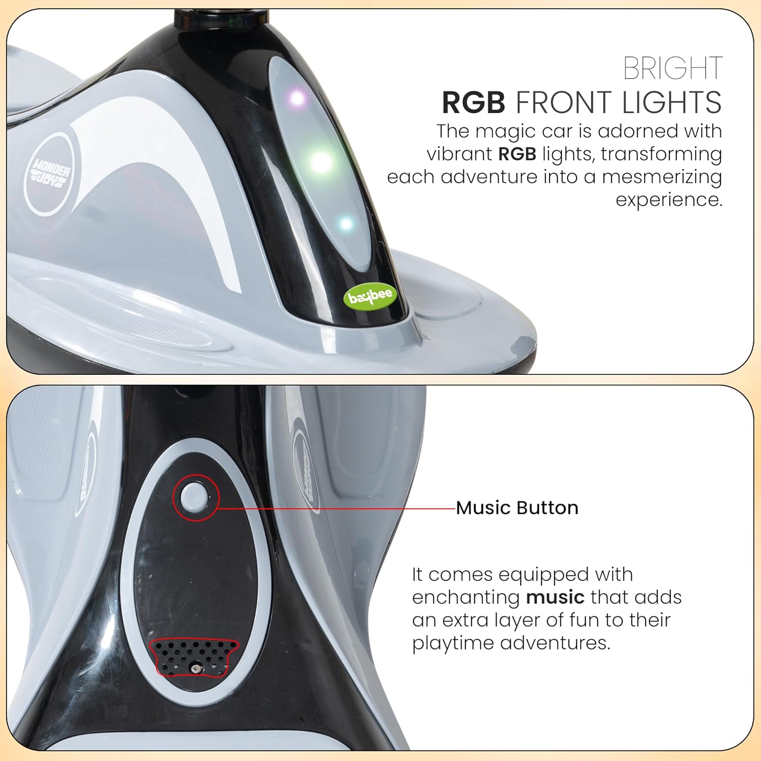 Baybee Pluto Kids Magic Swing Cars for Kids, with Led Lights, Scratch Free PP Wheels & Music-Black