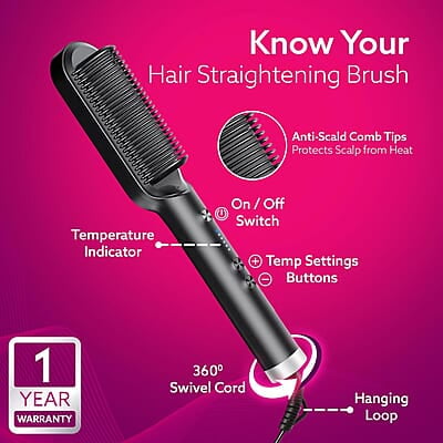 AGARO Hair Straightening Brush, Hair Straightening Comb For Women, Fast Heating, Ionic Care, 5 Heat Settings, Hair Straightener