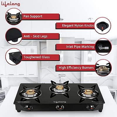 Lifelong 3 Burner Gas Stove Top for Kitchen - Manual Ignition Cooktop Modern Glass Stove for Modular Kitchen, ISI Certified Lifelong 3 Burner Gas Stove Top for Kitchen - Manual Ignition Cooktop Modern Glass Stove for Modular Kitchen, ISI Certified