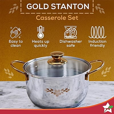 Wonderchef Gold Stanton Stainless Steel 3 piece Casserole Set with Glass Lid Set of 3 (1.6L, 2.3L, 3.1L) Wonderchef Gold Stanton Stainless Steel 3 piece Casserole Set with Glass Lid Set of 3 (1.6L, 2.3L, 3.1L)