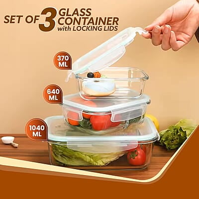 AGARO Borosilicate Glass Containers with Lids, 3 pcs Set (370ml, 640ml &1040ml), Microwave Safe