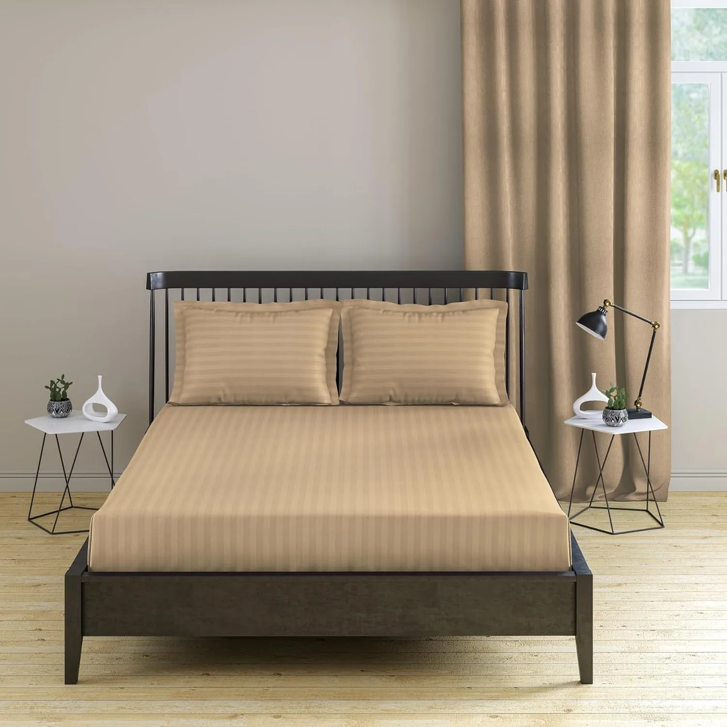 Pillow Cover Framed Glace Cotton 300 TC - Striped - Sand Beige