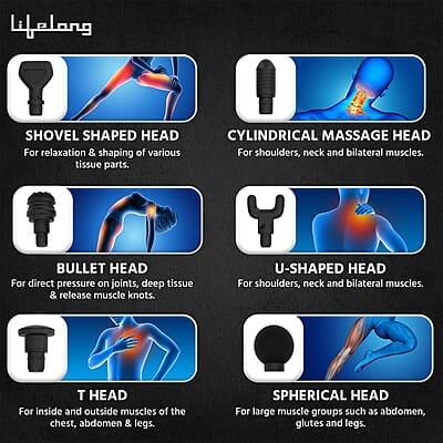 Lifelong Gun Massager Percussion for Full Body Pain Relief 6 Heads LED Touch 30 Speed Levels  Premium Bag