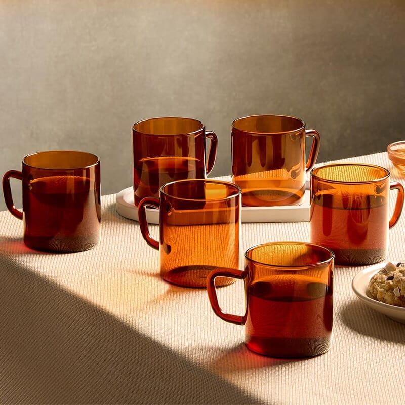 Borosil Classic Amber Mug, Borosilicate Glass, Scratch Resistant, Microwave Safe, Lightweight, for Chai, Green Tea, Milk, Coffee, Cold Coffee, 190 ml, Set of 6 Borosil Classic Amber Mug, Borosilicate Glass, Scratch Resistant, Microwave Safe, Lightweight, for Chai, Green Tea, Milk, Coffee, Cold Coffee, 190 ml, Set of 6