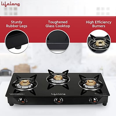 Lifelong 3 Burner Gas Stove Top for Kitchen - Manual Ignition Cooktop Modern Glass Stove for Modular Kitchen, ISI Certified Lifelong 3 Burner Gas Stove Top for Kitchen - Manual Ignition Cooktop Modern Glass Stove for Modular Kitchen, ISI Certified