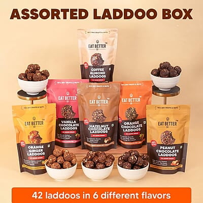 EAT BETTER CO - Assorted Healthy Laddoos - 42 Laddoos in Six Flavours | No Added Sugar | Made with 95% Dry-Fruits | High Protein & Instant Energy - Healthy Chocolate, 570 Gram