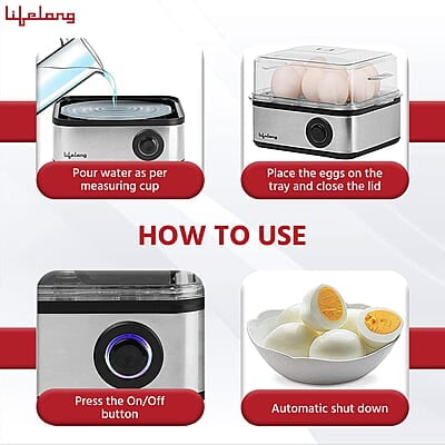 Lifelong 2-in1 Egg Boiler and Poacher 500-Watt Boil 8 eggs, Poach 4 eggs, Easy to clean 3 Boiling Modes