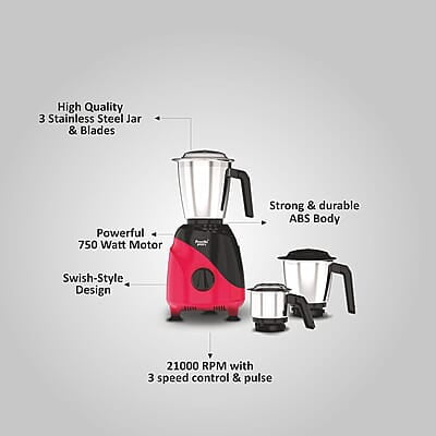 Preethi Peppy MG-245 mixer grinder, 750 watt, Black & Red, 3 jars, Vega W5 Motor with 5yr Warranty