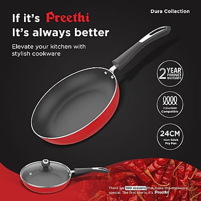 Preethi Dura Collection Non Stick Fry Pan, 24 cm, with Glass Lid, Gas & Induction Compatible