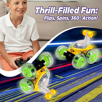 Rotating&Rolling Rechargeable Big Stunt Racing Car Toy with USB Charging Cable&Remote Control|Power Source:Lithium Rechargeable Battery for Car...