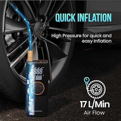Portronics VAYU 4.0 Tyre Inflator - 4000mAh, Auto Shut-off, Digital Display, Built-in Flashlight, Cordless & Corded - For Cars, Bikes, & Cycles Portronics VAYU 4.0 Tyre Inflator - 4000mAh, Auto Shut-off, Digital Display, Built-in Flashlight, Cordless & Corded - For Cars, Bikes, & Cycles