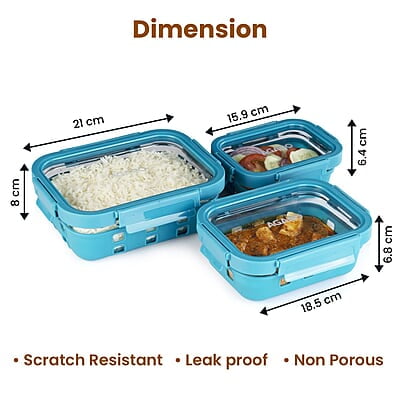 AGARO Imperial Borosilicate Glass Containers With Silicone Sleeves & With Lock Lid, 3 pcs Set, 370ml, 640ml, 1050ml Cyan.