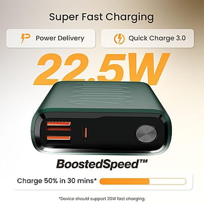 Ambrane 20000mAh Powerbank, 22.5W Fast Charging, Triple Output (2 USB & 1 Type C)