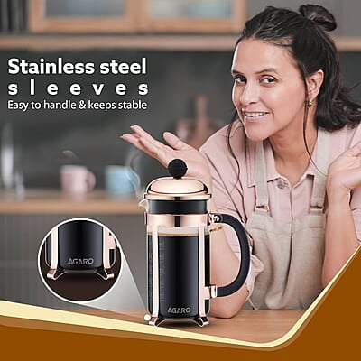 AGARO Royal French Press Coffee And Tea Maker, Borosilicate Glass Body With Sleeves, Glass Carafe, BPA Free Plastic Lid Strainer, 600Ml