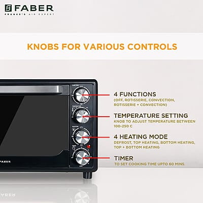 Faber 34 liter (DG) 1600 Watts OTG Bake, Toast, Roast, Grill 6 Functions, Upper & Lower Heating, Rotisserie, 360 Convection Faber 34 liter (DG) 1600 Watts OTG Bake, Toast, Roast, Grill 6 Functions, Upper & Lower Heating, Rotisserie, 360 Convection