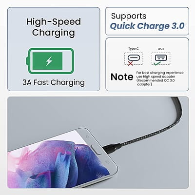 Ambrane Unbreakable 60W / 3A Fast Charging 1.5m Braided Micro USB Cable for Smartphones, Tablets, Laptops & other Micro USB devices, 480Mbps Data Sync, Quick Charge 3.0 (RCM15