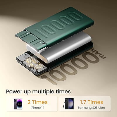 Ambrane 10000mAh Slim Power Bank, 20W Fast Charging, Dual Output, Type C PD (Input & Output), Quick Charge