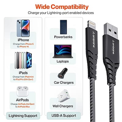 Ambrane USB to Lightning 3A Fast Charging Braided Cable Compatible for iPhone 14,13, 12,11, X, 8, 7, 6, 5, iPad, Macbook, iMac, AirPods, 480Mbps Data Sync, 1.5Meter Long (RCL -15