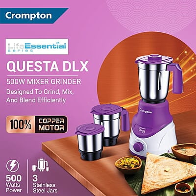 Crompton QUESTA DLX Mixer Grinder 100% Copper Motor & Motor Vent-X Technology (3 Stainless Steel Jars, Lavender)