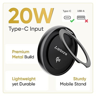 Ambrane 15W MagSafe Wireless Charger & Mobile Stand Lightweight & Foldable for iPhone 15/15 Plus/15 Pro/15 Pro Max, iPhone 12/13/14 Series & Other Qi Devices + Magnetic Ring