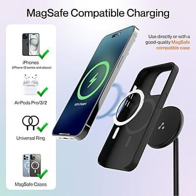 Ambrane 20W MagSafe 2in1 Wireless Charger & Mobile Stand for Both iPhone & Airpods (iPhone 15/15 Plus/15 Pro/15 Pro Max, iPhone 12/13/14 Series) & Qi Devices + Magnetic Ring